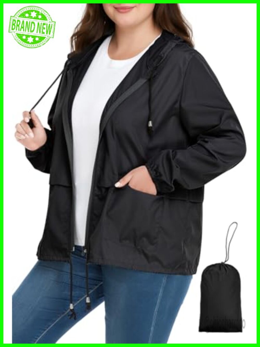 Plus Size Rain Jacket Lightweight Packable Hooded Windbreaker
